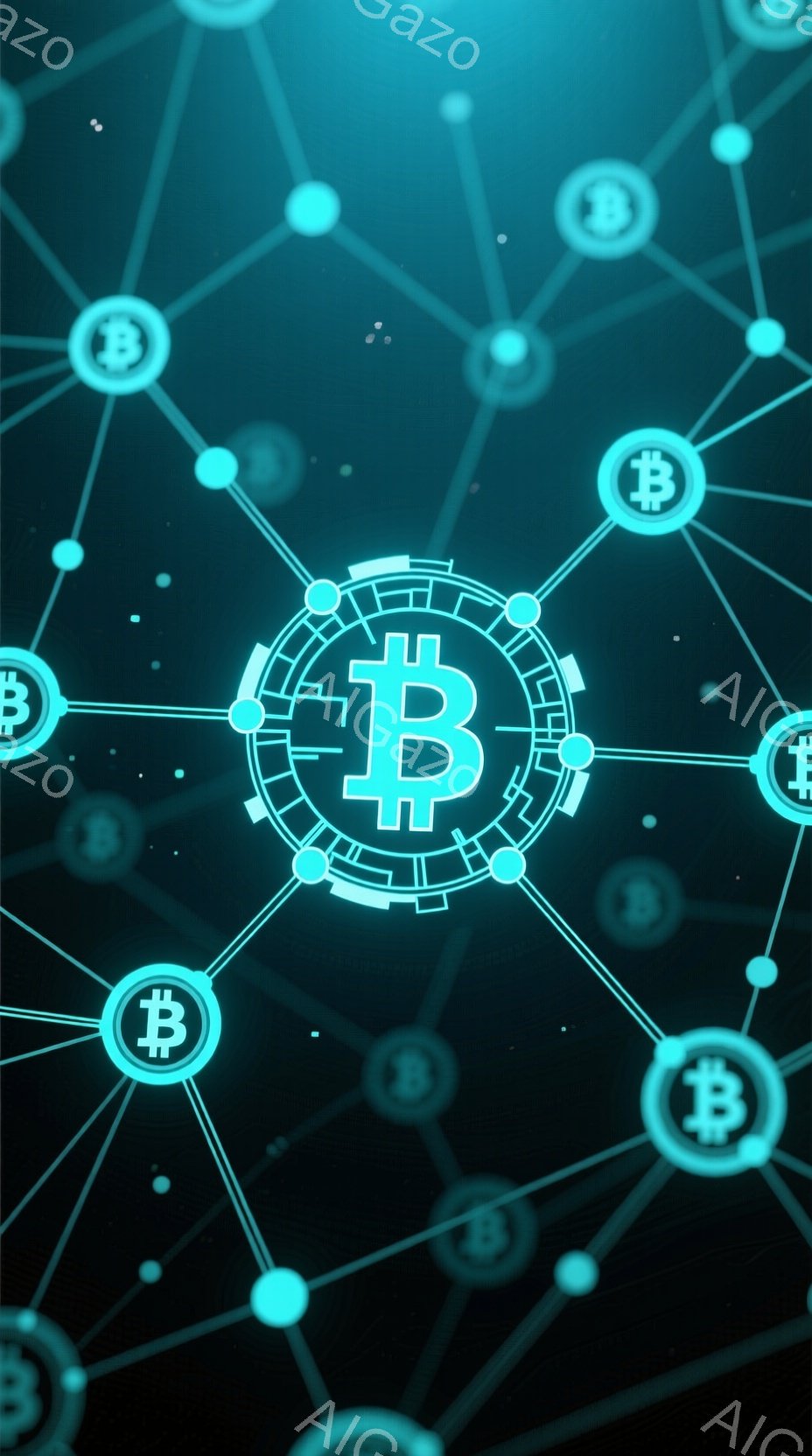 暗い背景にビットコインのロゴが中央に大きく表示され、その周りを無数の小さなビットコインのロゴが線で繋いでいます。ロゴは鮮やかな青色で、未来的な印象を与え、暗闇の中で光るネットワークを連想させます。全体的に、デジタル通貨と接続性を示すサイバーパンク的な雰囲気があります。