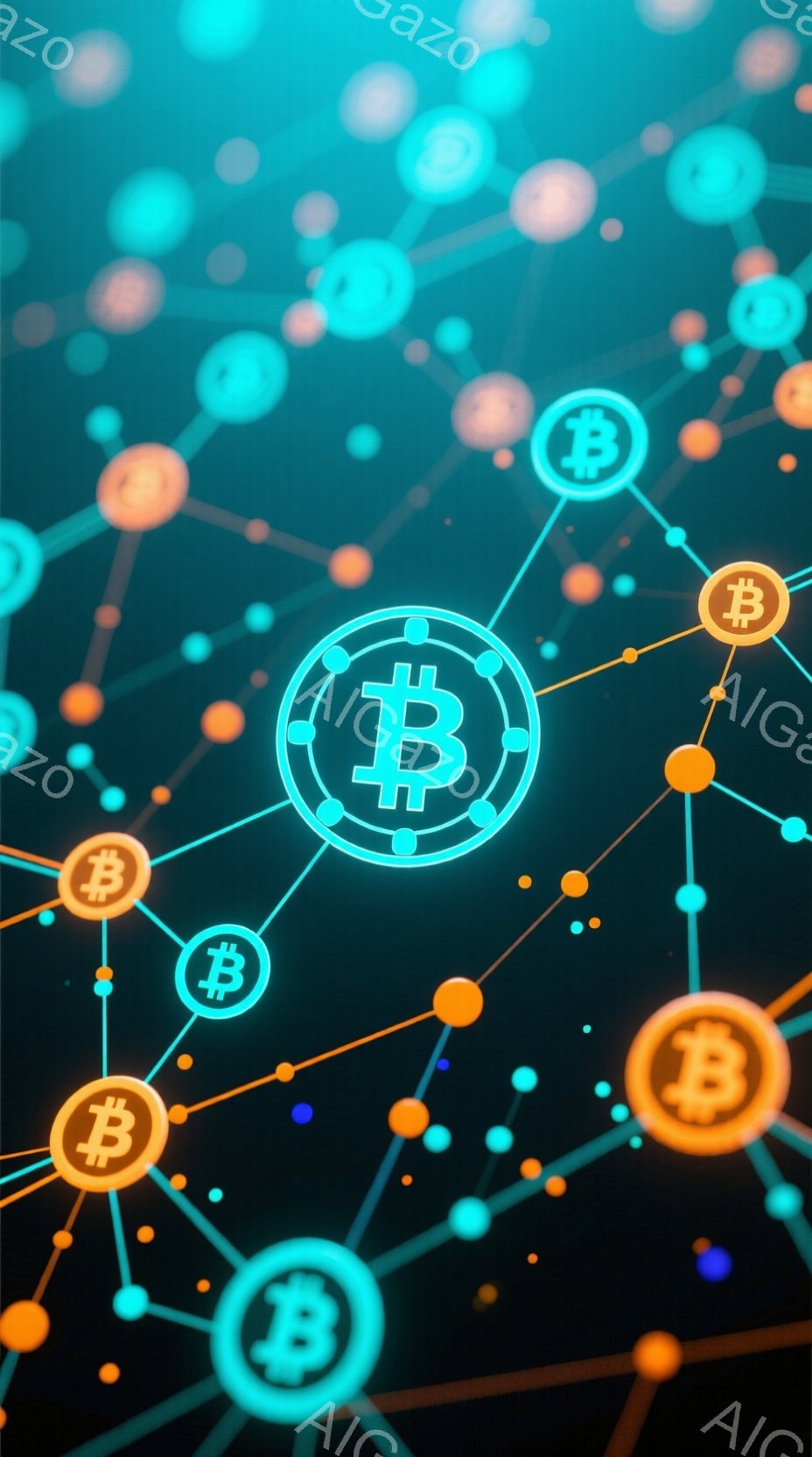 この画像は、暗い背景にオレンジとネオンブルーの線で結ばれたビットコインのアイコンが散りばめられています。アイコンは様々な大きさで、ネットワークのような構造を形成し、現代的なデジタル通貨の概念を表現しています。全体的に、未来的なテクノロジーと金融を象徴する印象を与えます。
