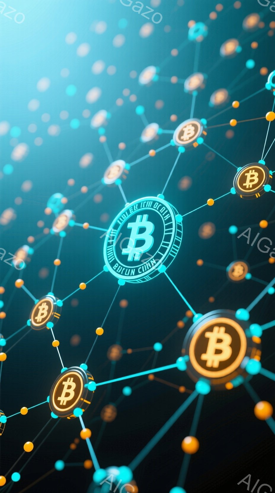 深い緑色の背景に、金色のビットコインのアイコンが点線で繋がったネットワーク状に配置されています。各アイコンは光沢のある円形の枠で囲まれ、未来的な印象を与えます。全体的に、ブロックチェーン技術や暗号通貨 - AI生成フリー素材