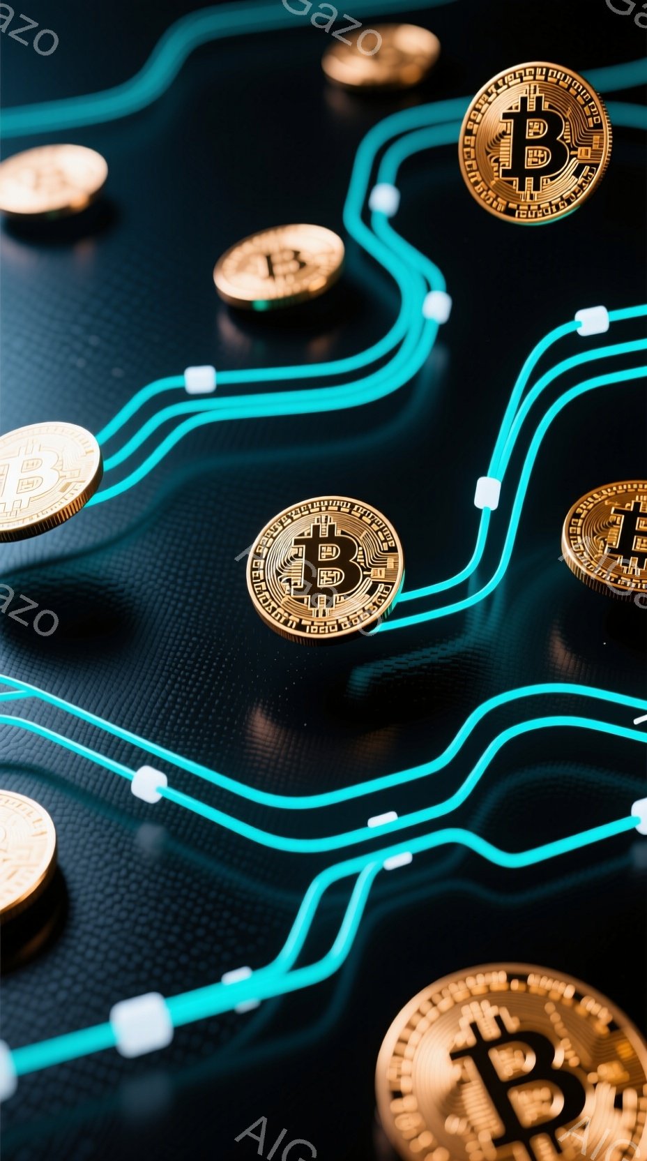 画像は暗い背景にビットコインのアイコンが配置されており、それらを結ぶように鮮やかなターコイズブルーの線が描かれています。ビットコインは金色の金属のような質感を持ち、複雑な模様が刻まれています。背景はテクスチャのある黒色で、全体的に近未来的なデジタル通貨の世界観を表現しています。