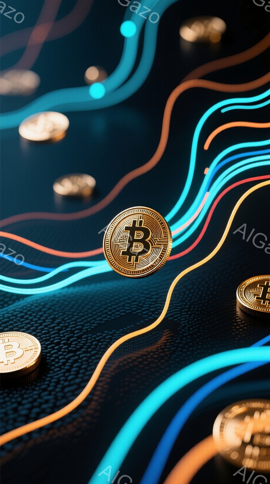 暗い背景にビットコインのアイコンが浮かび上がり、鮮やかなネオンカラーの線が複雑なパターンを描いています。ビットコインは金色で、その周囲にはより小さい、ぼやけたビットコインのアイコンが点在しています。全 - AI生成フリー素材
