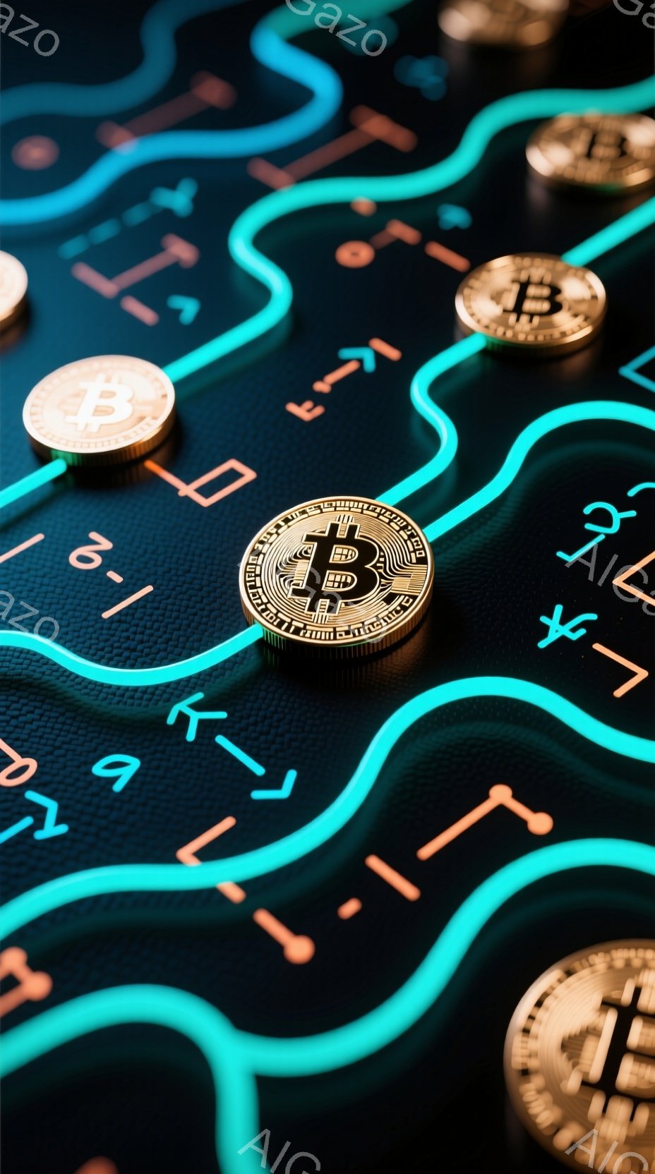 暗い背景に、明るいネオンブルーの線が幾曲にも描かれ、その上にビットコインの金貨がいくつか配置されている。金貨は中央に「₿」のマークが刻印され、光沢のある金属質で表現されている。 全体的に近未来的なデジタルアートの雰囲気で、暗号通貨やブロックチェーン技術を想起させる。