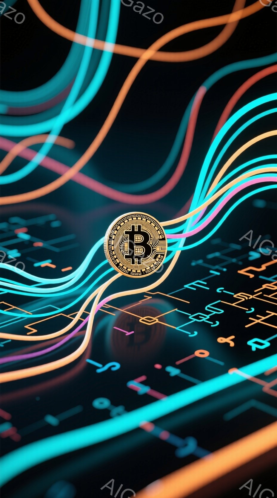 暗い背景に、鮮やかなネオンカラーの線が放射状に広がっています。その中心には、ビットコインのロゴが金色に輝き、複雑な回路のような模様が描かれています。全体的に未来的な雰囲気で、デジタル技術と金融を象徴しているようです。