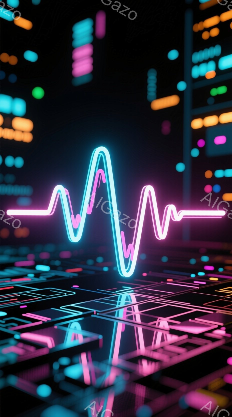 この画像は、暗い背景にネオンカラーのラインが描かれた抽象的な表現です。中心には、心電図のような波形が明るい水色で強調されており、下部にはピンクと青の複雑なグリッド状のパターンが広がっています。全体として、テクノロジーと生命力を組み合わせた、近未来的な雰囲気を醸し出しています。