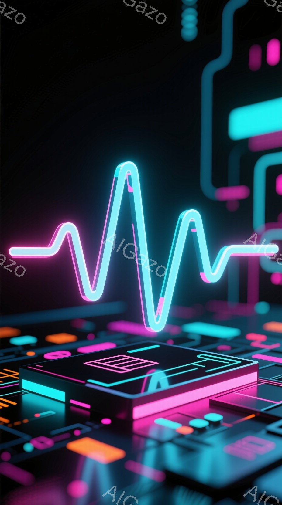 鮮やかなネオンカラーの電子基板上に、心電図のような波形が光って浮かび上がっている。基板はピンクとオレンジの光で照らされ、未来的なテクノロジー感を強調している。全体的に、デジタルと生命の融合を表現した、洗練された雰囲気を持つ画像である。