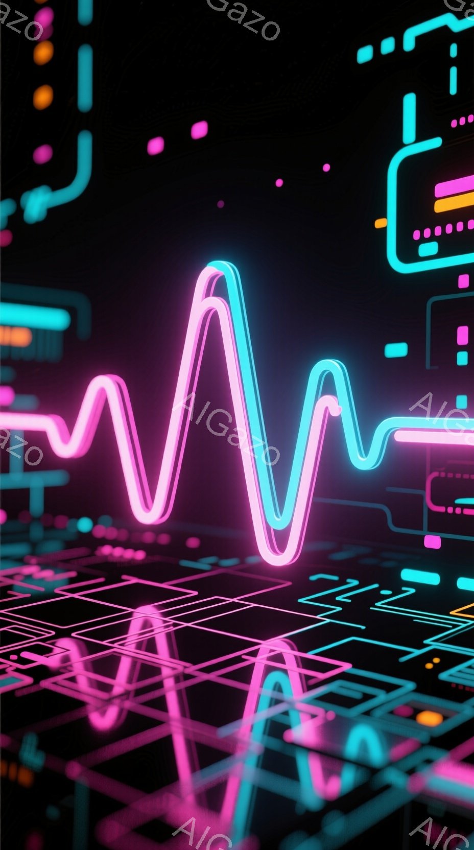 鮮やかなネオンカラーの線が、暗い背景を駆け抜ける未来的なイメージです。ピンクとターコイズブルーの線が、心電図のような波形を描き、電子回路のようなグリッド上に浮かび上がっています。全体的に、テクノロジーとエネルギー、そして生命の鼓動を感じさせる、近未来的な雰囲気です。