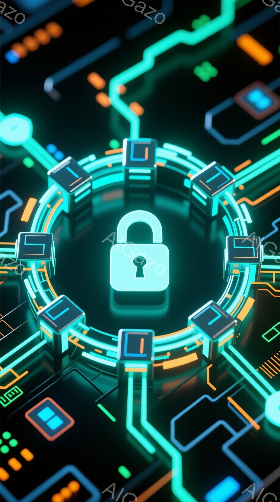 画像は、中央に光る緑色の南京錠が配置され、複雑な回路のような模様で囲まれています。回路は青とオレンジの色で表現され、未来的な雰囲気とセキュリティの概念を強調しています。全体的に暗い背景にネオンライトの - AI生成フリー素材