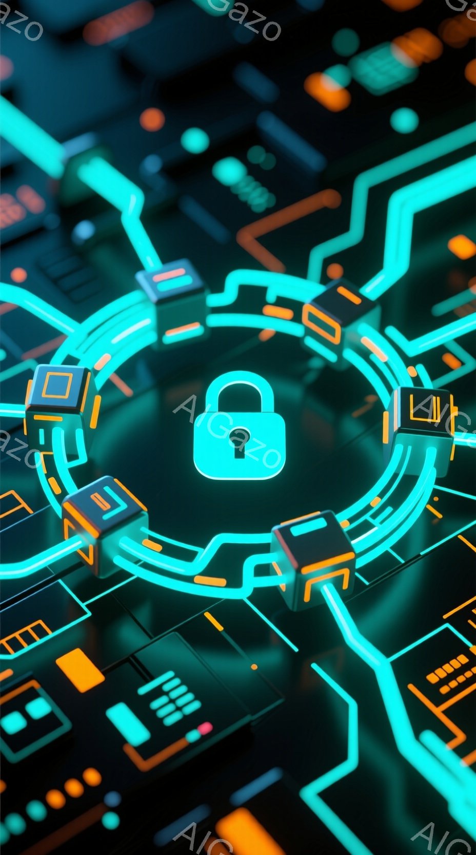 鮮やかなネオンブルーとオレンジ色の電子回路が複雑に絡み合い、中央にはロックされた南京錠が配置されています。回路は未来的なデザインで、立体的なブロックと光るラインが組み合わさり、セキュリティやデータ保護 - AI生成フリー素材