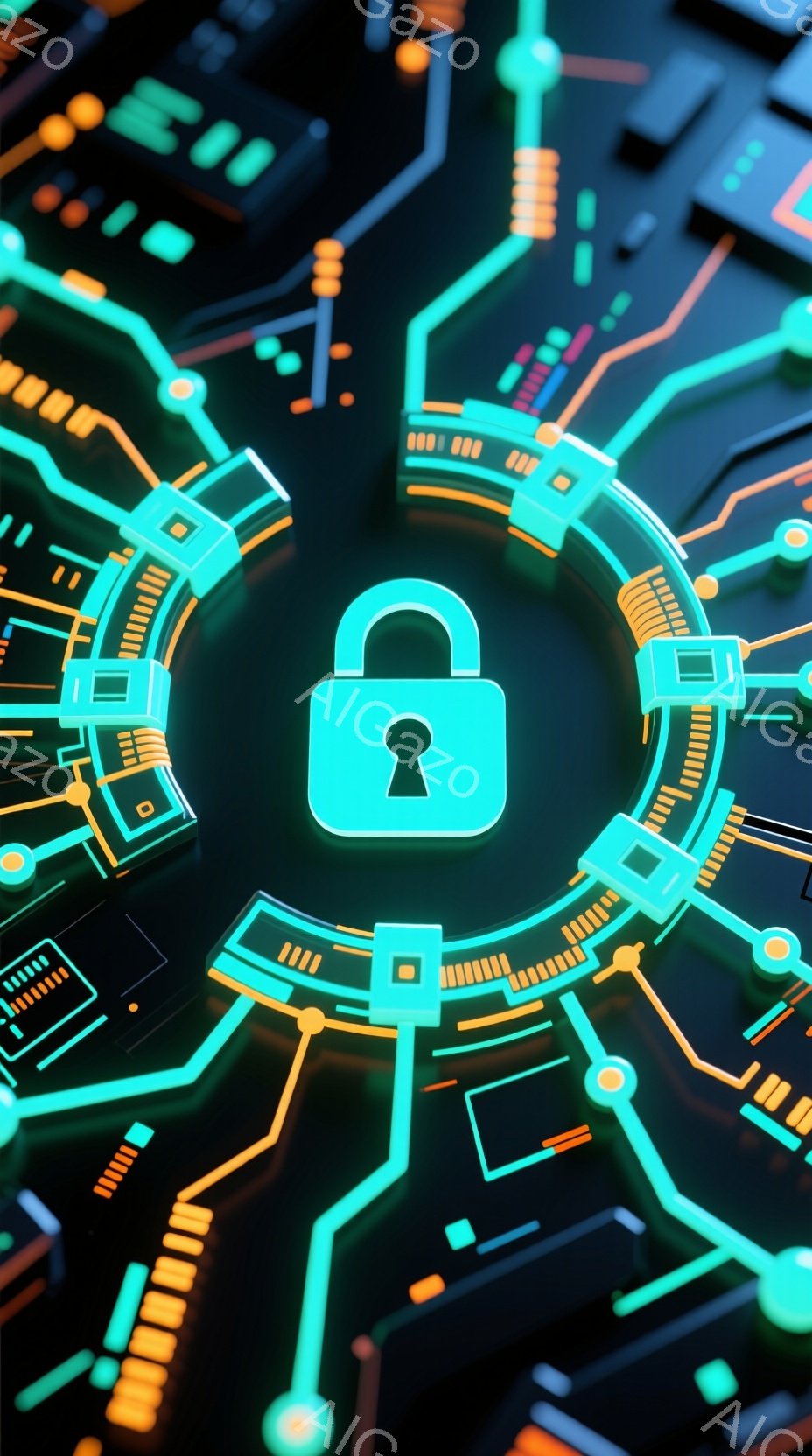 鮮やかなターコイズブルーの南京錠が、複雑な回路のような背景の中心に配置されています。回路はオレンジと青の光る線で構成され、未来的なテクノロジーの雰囲気を醸し出しています。全体として、セキュリティ、デー - AI生成フリー素材