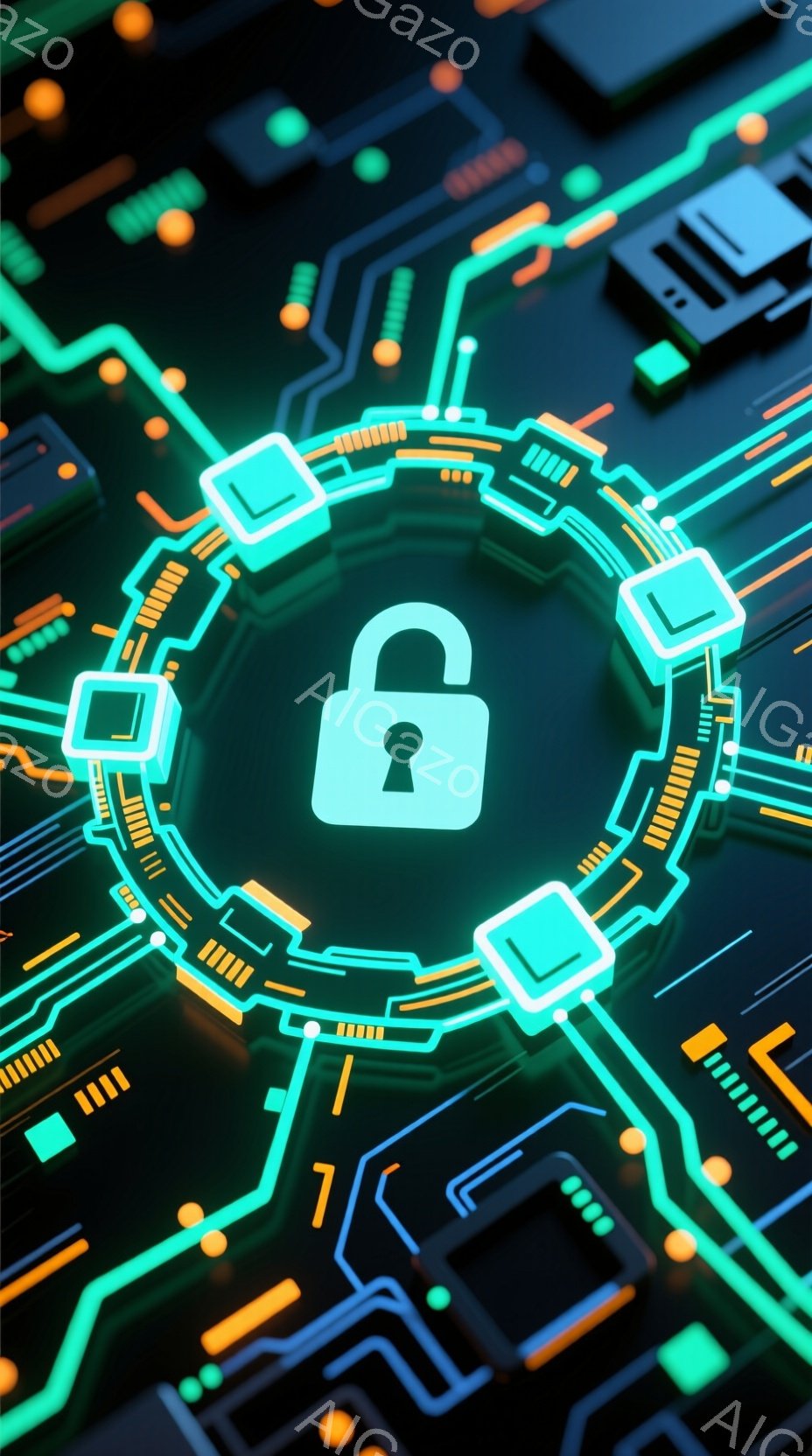 この画像は、暗い緑色の背景に複雑な電子回路が描かれており、中央には光沢のある緑色の南京錠が配置されています。回路は鮮やかなオレンジと水色の線で構成され、未来的な印象を与えます。全体として、セキュリティ - AI生成フリー素材