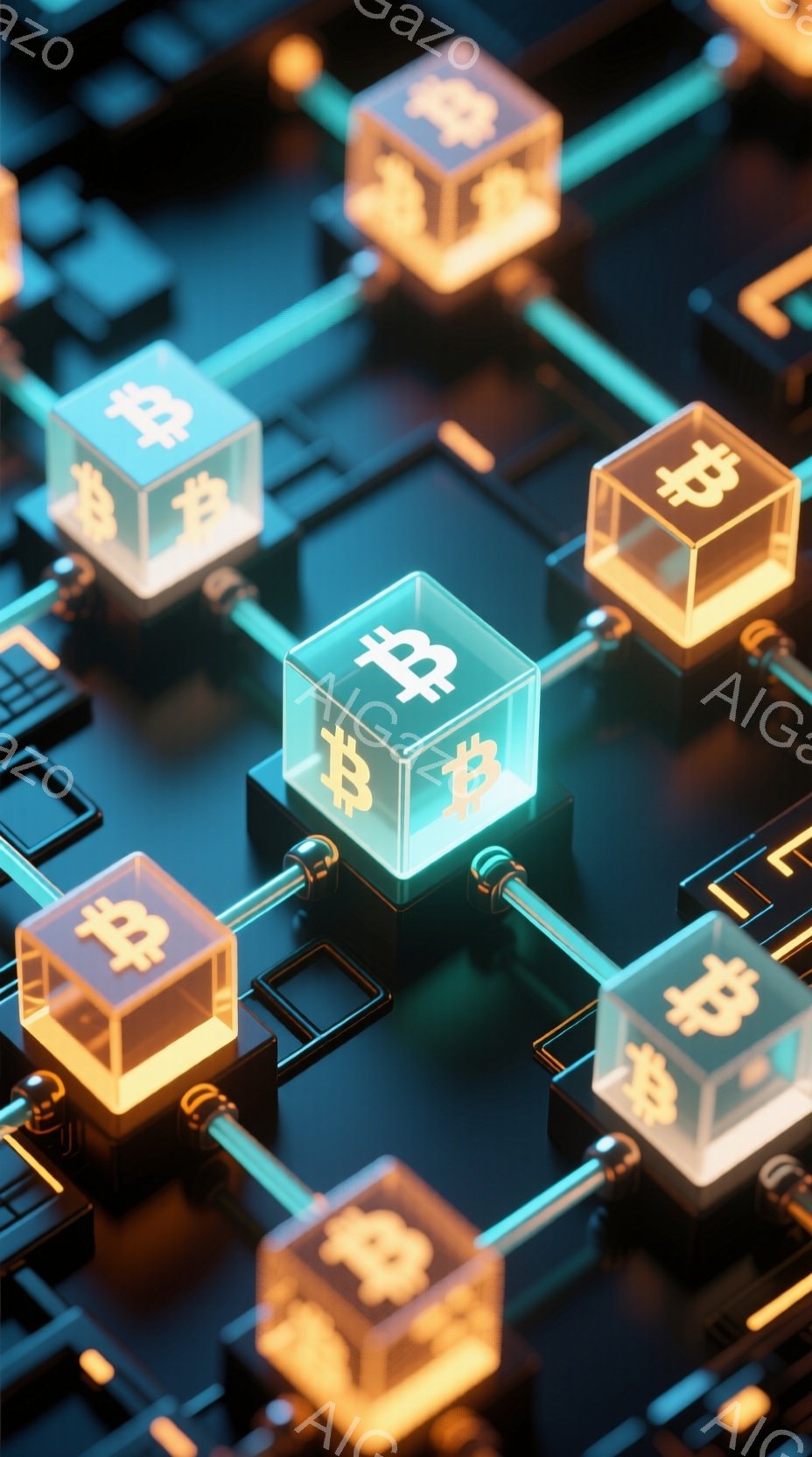 画像は暗い背景に配置された、ビットコインの記号が刻まれた透明な立方体が連なる様子を捉えています。立方体は鮮やかなオレンジ色に光り、未来的な青色のラインで接続されており、ブロックチェーン技術を連想させま - AI生成フリー素材