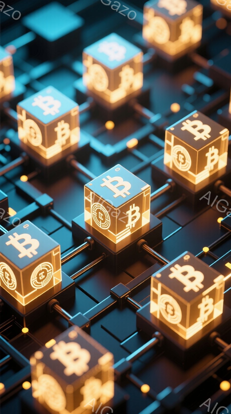 この画像は、暗い背景に浮かび上がる、ビットコインのロゴが刻まれた透明な立方体が多数並んだ様子を表しています。立方体はネオンライトのような光で縁取られ、未来的なデジタル空間を表現しています。全体的に、テ - AI生成フリー素材