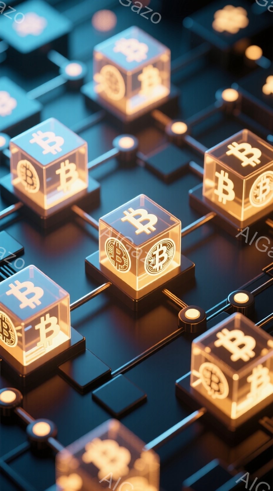 この画像は、暗い背景に配置された多数の光るビットコインの立方体が特徴です。各立方体にはビットコインのシンボルが刻まれており、周囲の回路基板のようなパターンが未来的な印象を与えます。全体的に、暗号通貨やテクノロジーに関連する、デジタルで洗練された雰囲気です。