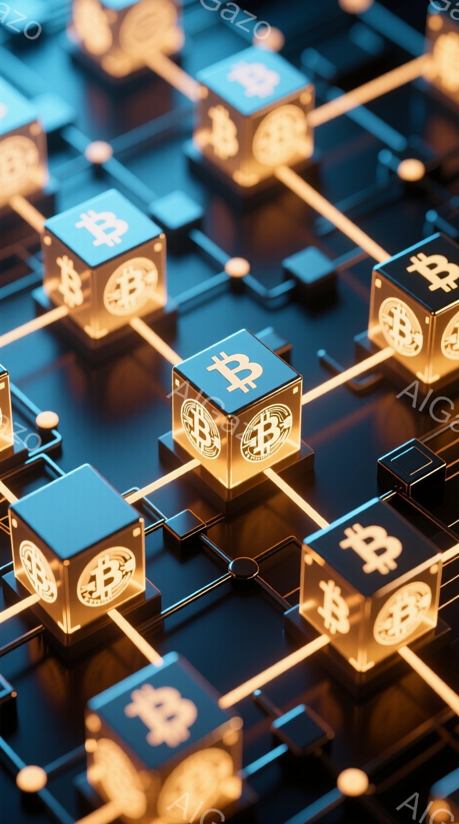 この画像は、暗号通貨ビットコインをモチーフにした立方体が、複雑な回路基板のような背景に並べられている様子を描いています。 立方体は金色で光沢があり、表面にはビットコインの記号が刻印されています。 全体 - AI生成フリー素材