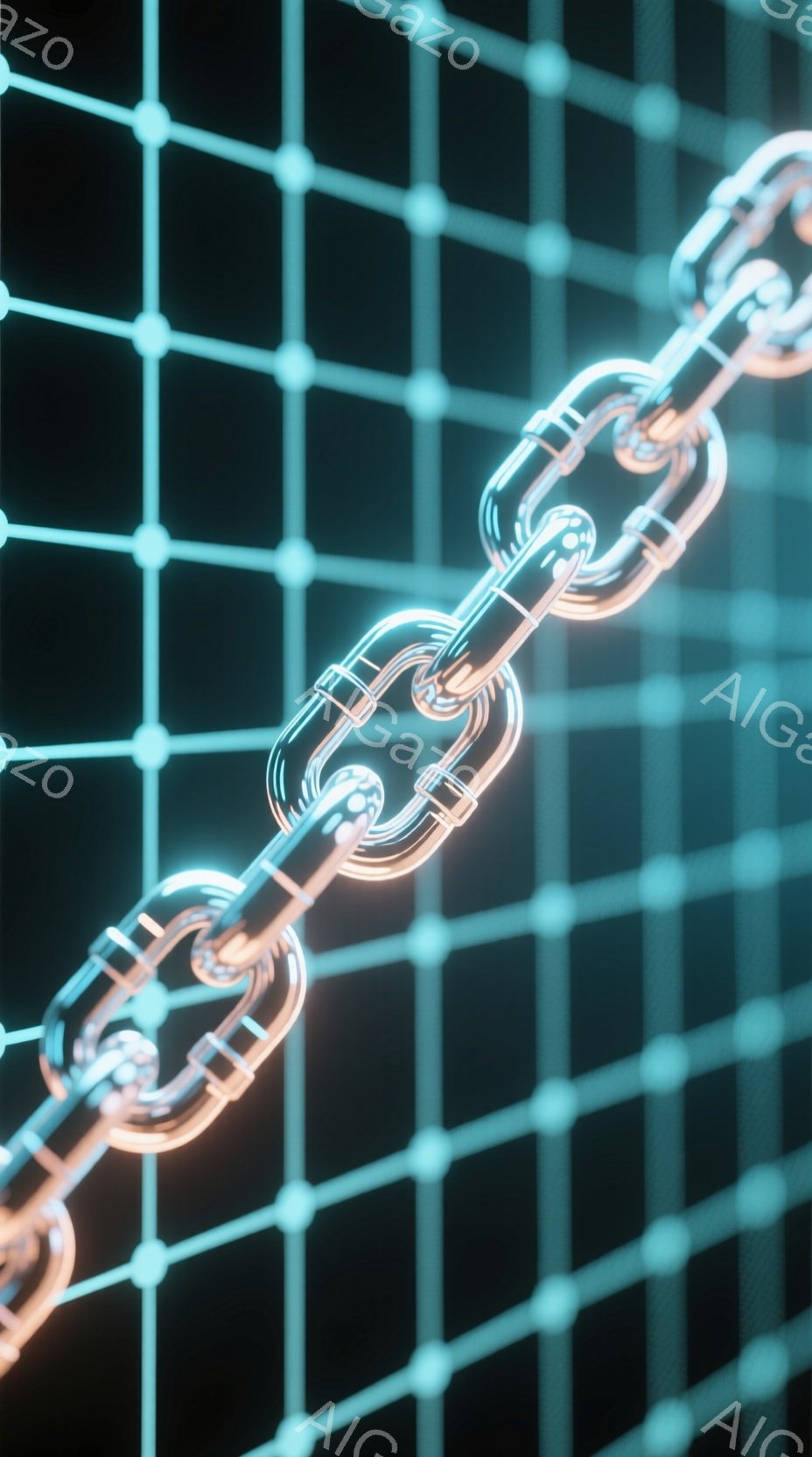 画像は、暗い背景に青いグリッドが敷き詰められた中に、オレンジ色の金属製のチェーンが斜めに配置されている様子を捉えています。チェーンは光沢があり、その形状は複雑に絡み合って、工業的な美しさを感じさせます。全体的にクールで未来的な雰囲気を醸し出しており、デジタルな世界を想起させます。