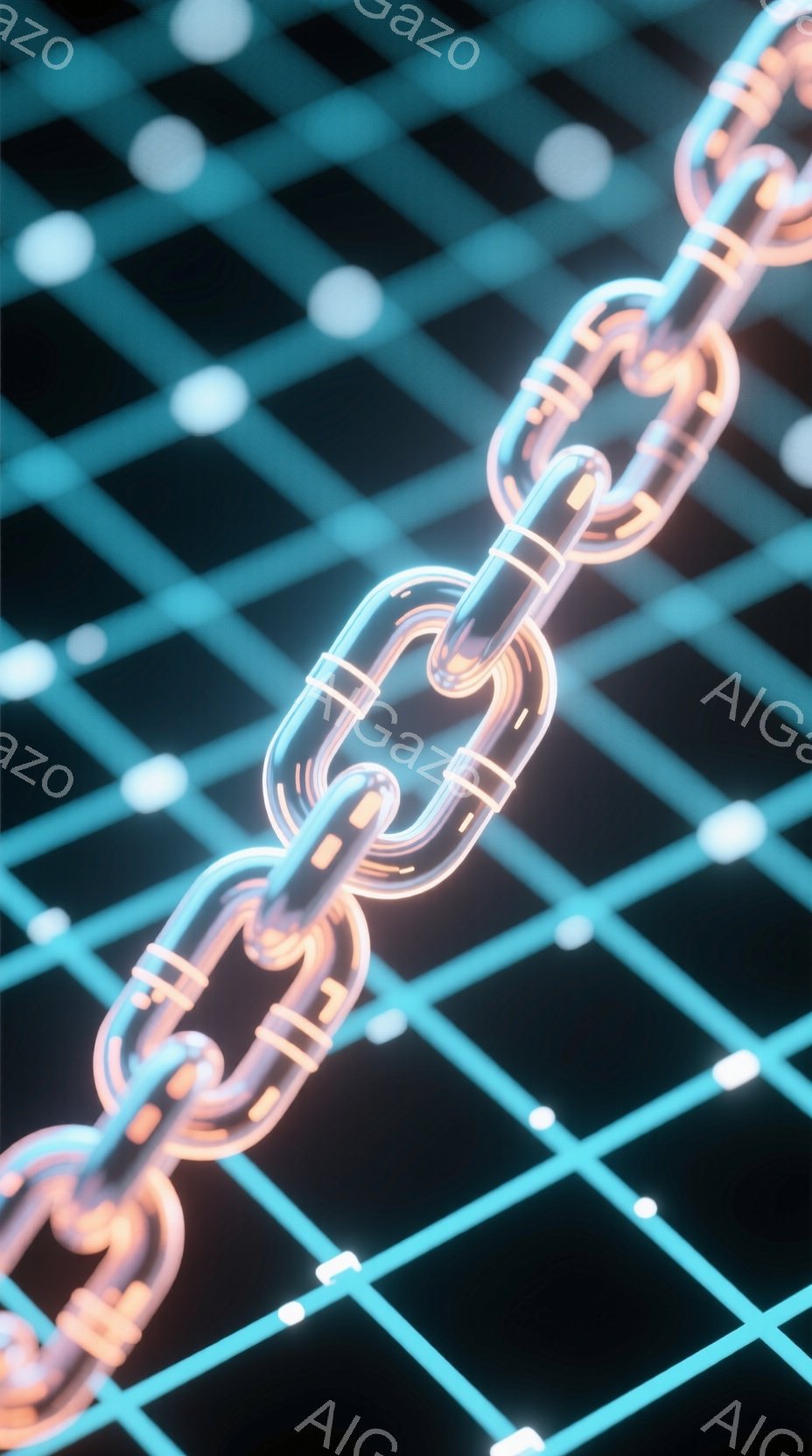 明るいオレンジ色の光るチェーンが、青いグリッド状の背景を対角線状に横切っている。チェーンの各リンクは、蛍光色の光で縁取られており、未来的な印象を与えている。背景は均一な青色で、チェーンが際立っている。 - AI生成フリー素材