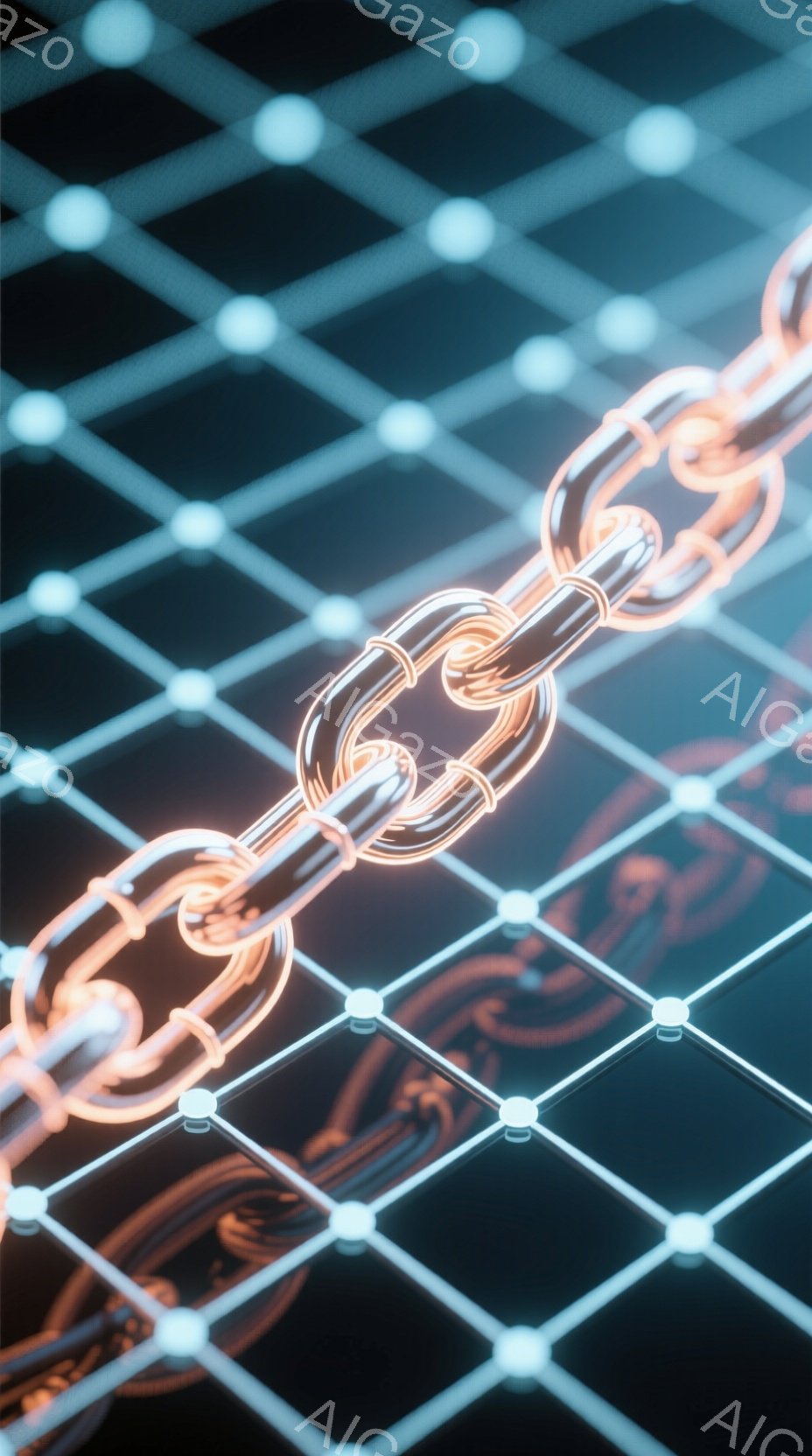 鮮やかなオレンジ色のネオンライトでできた鎖が、黒い背景に広がるグリッド状の青い光のネットワーク上に配置されている。鎖は画面中央を斜めに走り、その構造が詳細に照らし出されている。グリッドは奥行きを感じさ - AI生成フリー素材