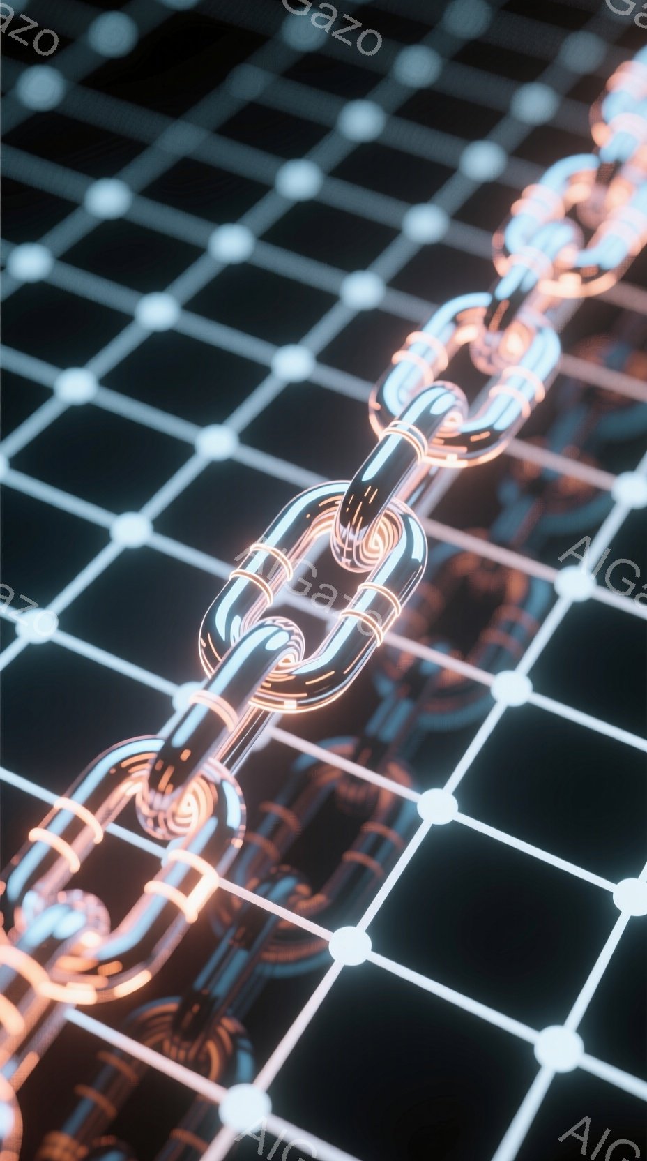 鮮やかなオレンジと青色の発光するチェーンが、黒いグリッド状の背景の上に斜めに配置されている。チェーンのリンクは光沢があり、未来的な印象を与えるデジタルアート作品である。背景のグリッドは、まるでサイバー空間の基盤を表現しているかのように見える。