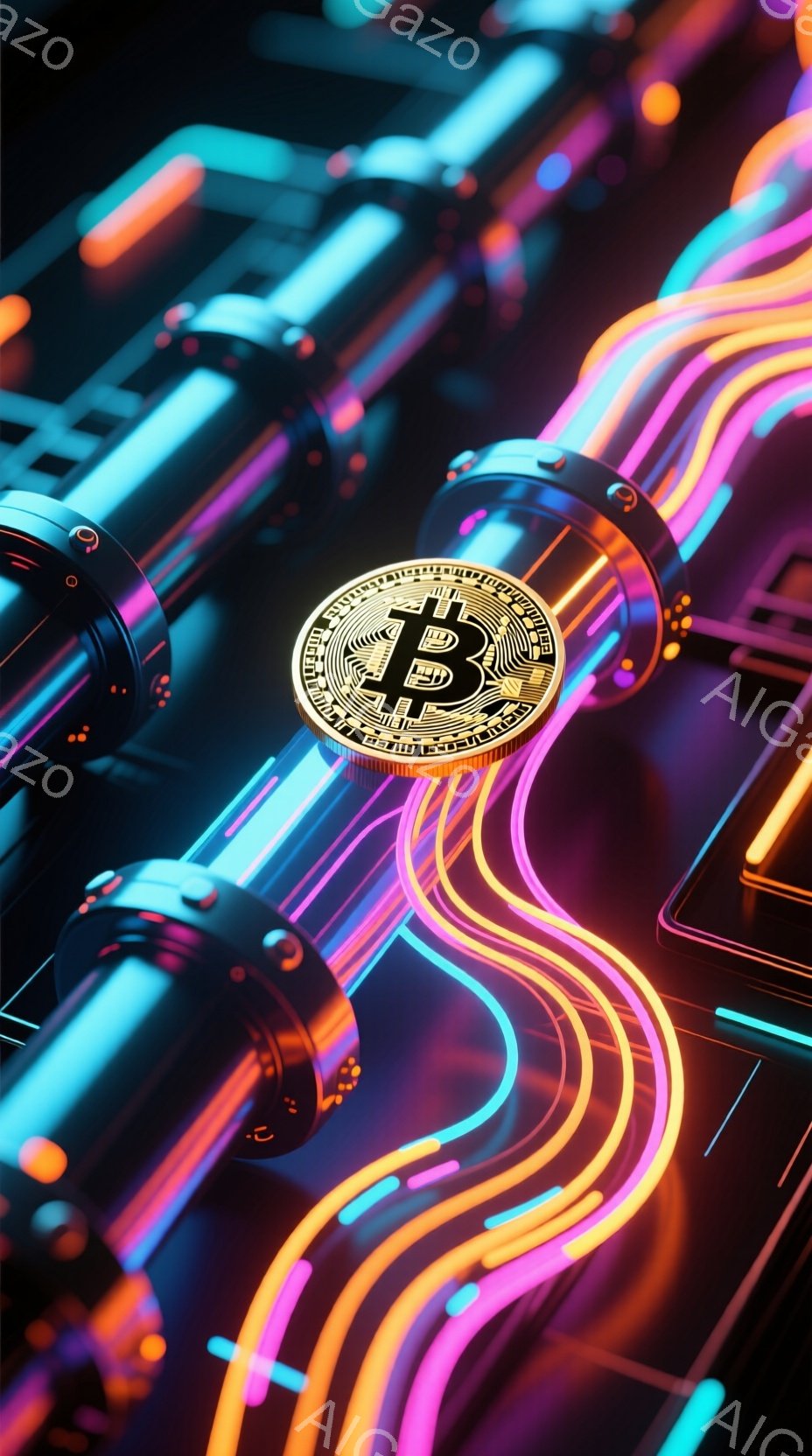 この画像は、暗い背景にネオンカラーの光が流れる未来的な構成で、ビットコインのシンボルが中心に配置されています。光の線は様々な方向に伸び、高技術でダイナミックな印象を与えます。全体的に、デジタル通貨と技 - AI生成フリー素材