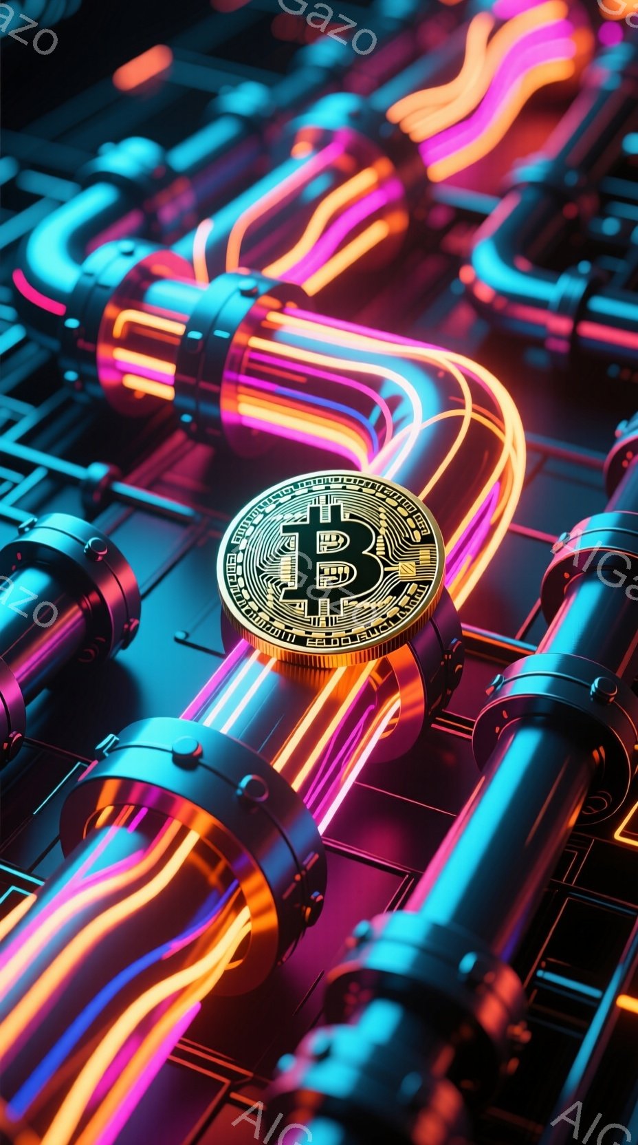 鮮やかなネオンライトで照らされた、複雑な配管システムの中にビットコインのロゴが浮かび上がっています。配管は青、オレンジ、ピンクの色合いで、サイバーパンクのような未来的な雰囲気を醸し出しています。ビット - AI生成フリー素材