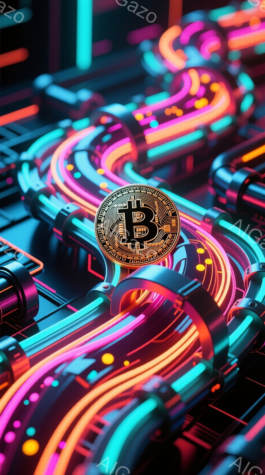 鮮やかなネオンカラーの光が複雑に絡み合い、サイバーパンクのような未来的な空間を形成しています。中心にはビットコインのロゴが配置され、テクノロジーと金融を象徴するような印象を与えます。全体的に流れるような光の軌跡が、ダイナミックで躍動感あふれる雰囲気を醸し出しています。