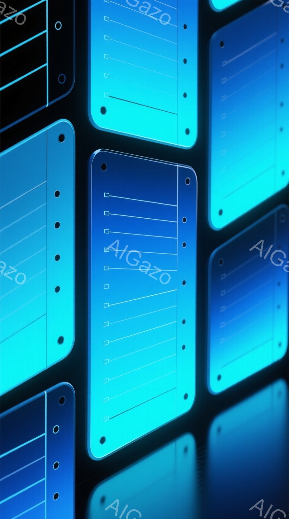 この画像は、青い光沢のある長方形のパネルが規則的に並んだ様子を捉えています。各パネルは、上部に小さな四角い窪み、側面に点状の装飾が施されており、全体的に未来的な印象を与えます。背景は暗く、パネルの光沢が際立っており、洗練されたミニマリズムを感じさせます。