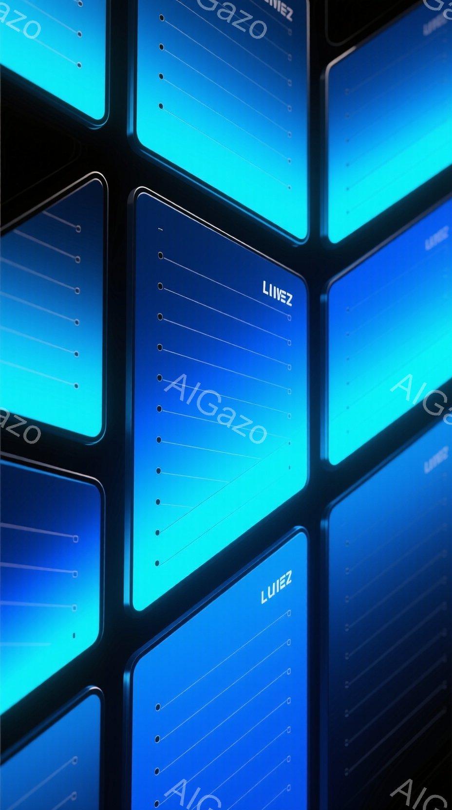 この画像は、青色の発光する長方形のパネルが密集して並んだ様子を捉えたものです。パネルは黒い背景に浮かび上がり、それぞれに小さな円形の光が縦に並んでいます。全体的に近未来的な、テクノロジーを感じさせる雰 - AI生成フリー素材