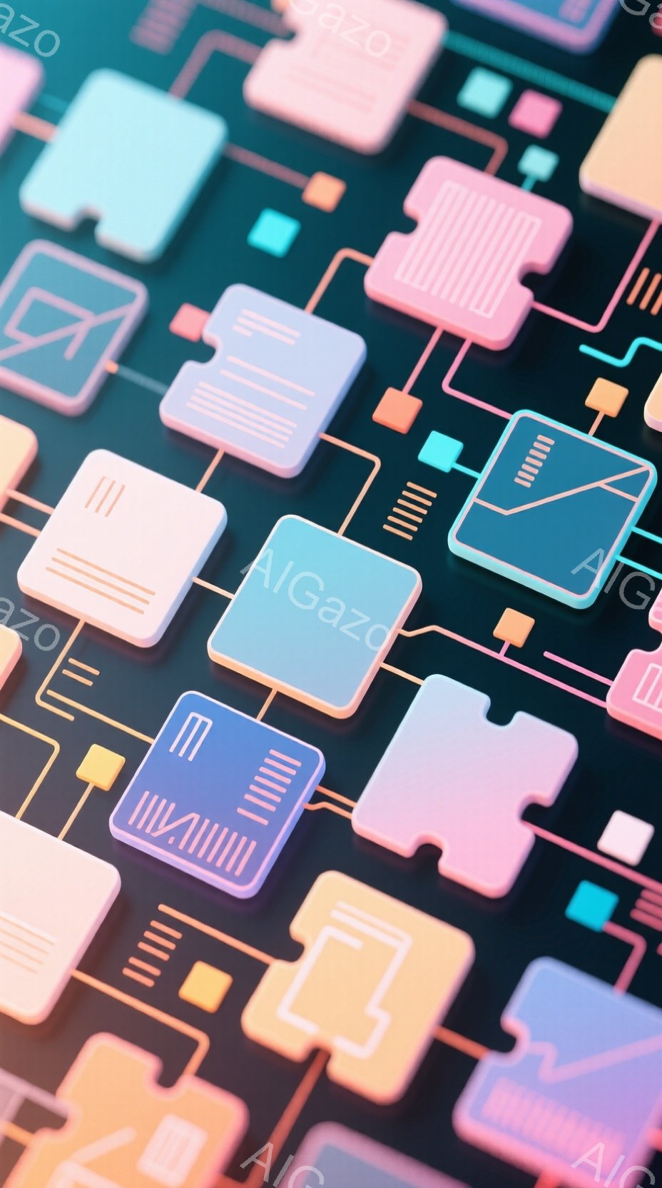 鮮やかなパステルカラーの幾何学的な形状が、黒い背景の上に無数に並んでいます。各形状は、わずかに立体的な表現で、小さな溝や線が刻まれており、複雑な回路やネットワークを思わせます。全体として、未来的な抽象的なテクスチャであり、デジタルな雰囲気を感じさせます。