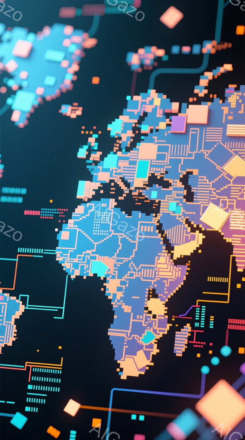この画像は、ピクセル化されたアフリカ大陸の形状を背景に、ネオンカラーの回路や幾何学的な図形が複雑に絡み合った抽象的な表現です。鮮やかなオレンジ、紫、青が使用されており、回路は大陸の輪郭に沿って配置され、テクノロジーと地理の融合を示唆しています。全体的に、未来的な雰囲気とデータストリームのような視覚効果が特徴です。