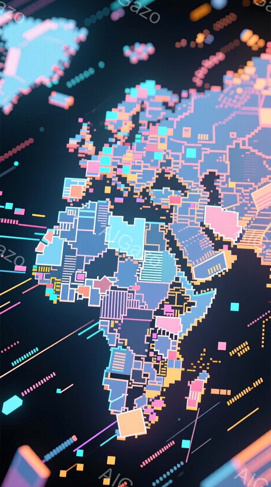 鮮やかなネオンカラーで構成された抽象的なイラストレーションです。幾何学的な図形や線が複雑に絡み合い、サイバーパンク風の未来都市を思わせる雰囲気を醸し出しています。背景は暗く、発光する線や図形がアクセン - AI生成フリー素材