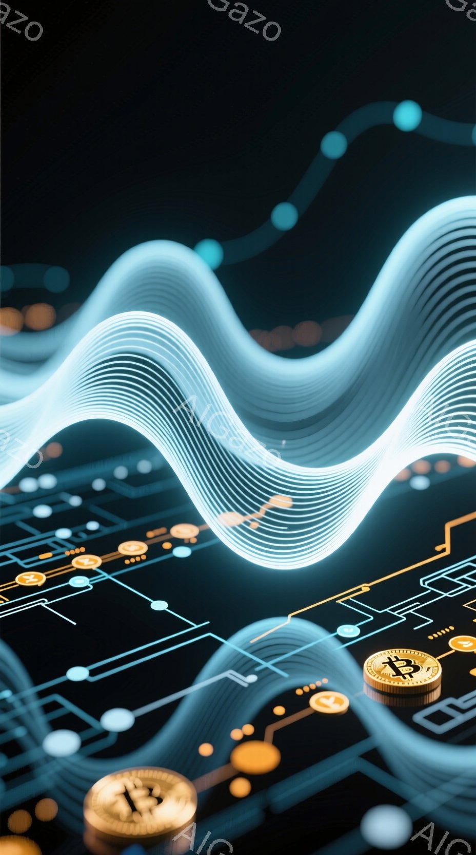 暗い背景に、青い光の線が波のように流れており、その下には金色のビットコインが配置された回路基板のような模様が広がっています。回路基板には、小さな丸い発光点が連なっており、まるで電子信号が流れているかのような印象を与えます。全体的に、デジタル技術と仮想通貨を象徴する、近未来的な雰囲気の画像です。