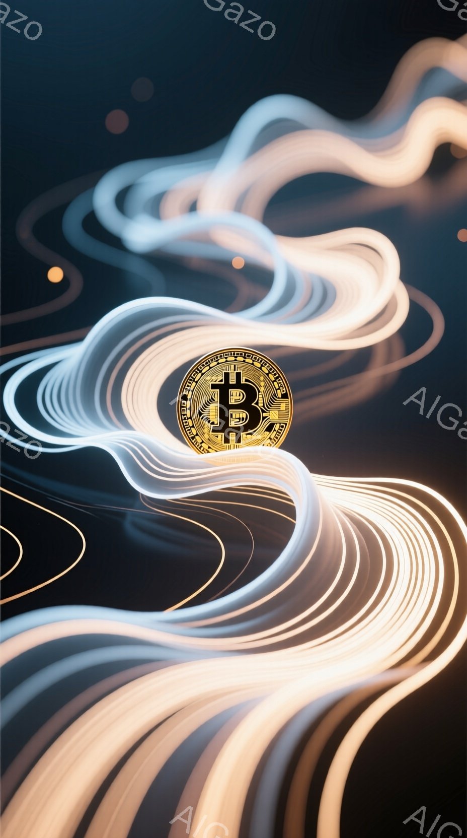 漆黒の背景に、金色のビットコインマークが中央に配置され、その周囲を光の線が螺旋状に舞い上がっている様子が描かれている。光の線は暖色系の色調で、柔らかく流れるような質感を持ち、ビットコインマークを強調し - AI生成フリー素材