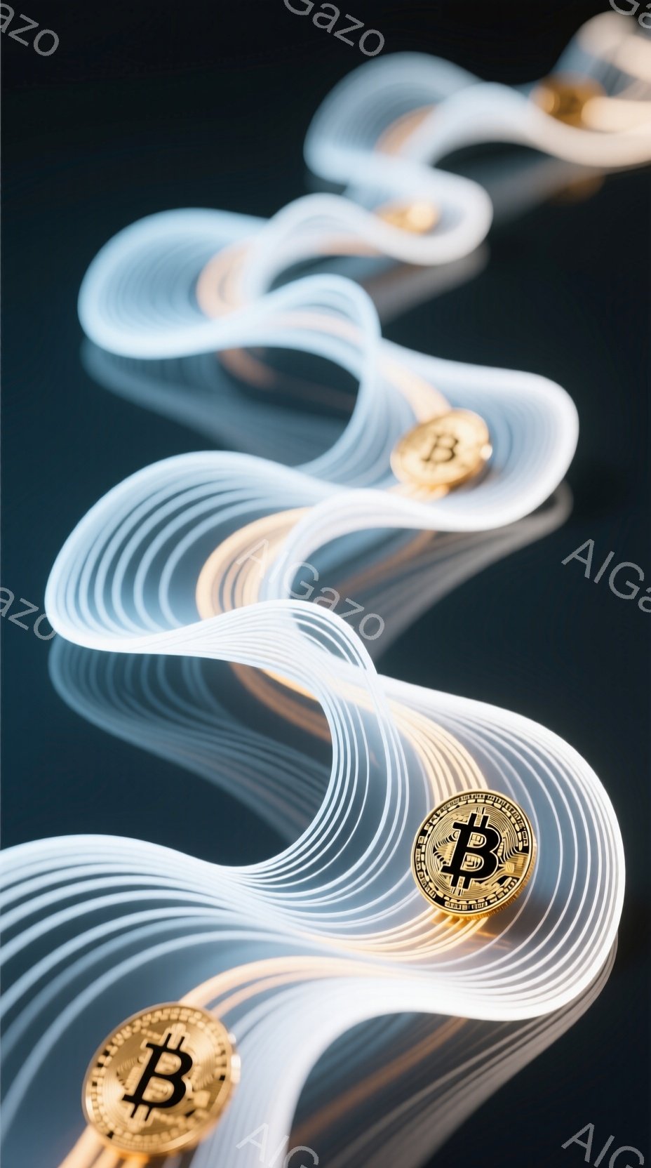 鮮やかな背景に、ビットコインのロゴが幾重にも重なり合う曲線的な帯が描かれています。帯は白から金色へと徐々に色が変化し、流れるような光沢を放っています。全体として、現代的で未来的な印象を与える抽象的なイメージです。