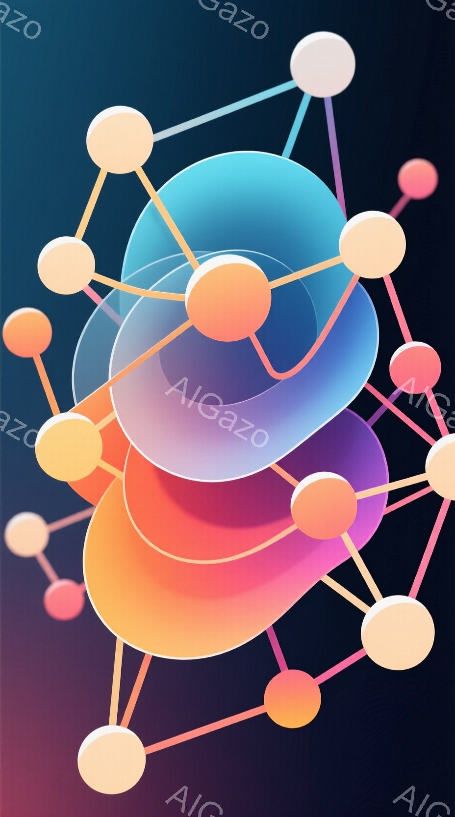 鮮やかな色彩の抽象的な図形が、暗い紫と青のグラデーションの背景に浮かび上がっています。円形のレイヤーが重なり合い、オレンジ、ピンク、水色といった暖色と寒色が混ざり合い、複雑な奥行きを作り出しています。各円は、細い線で繋がれた小さな球体によって囲まれ、ネットワークのような構造を形成しています。