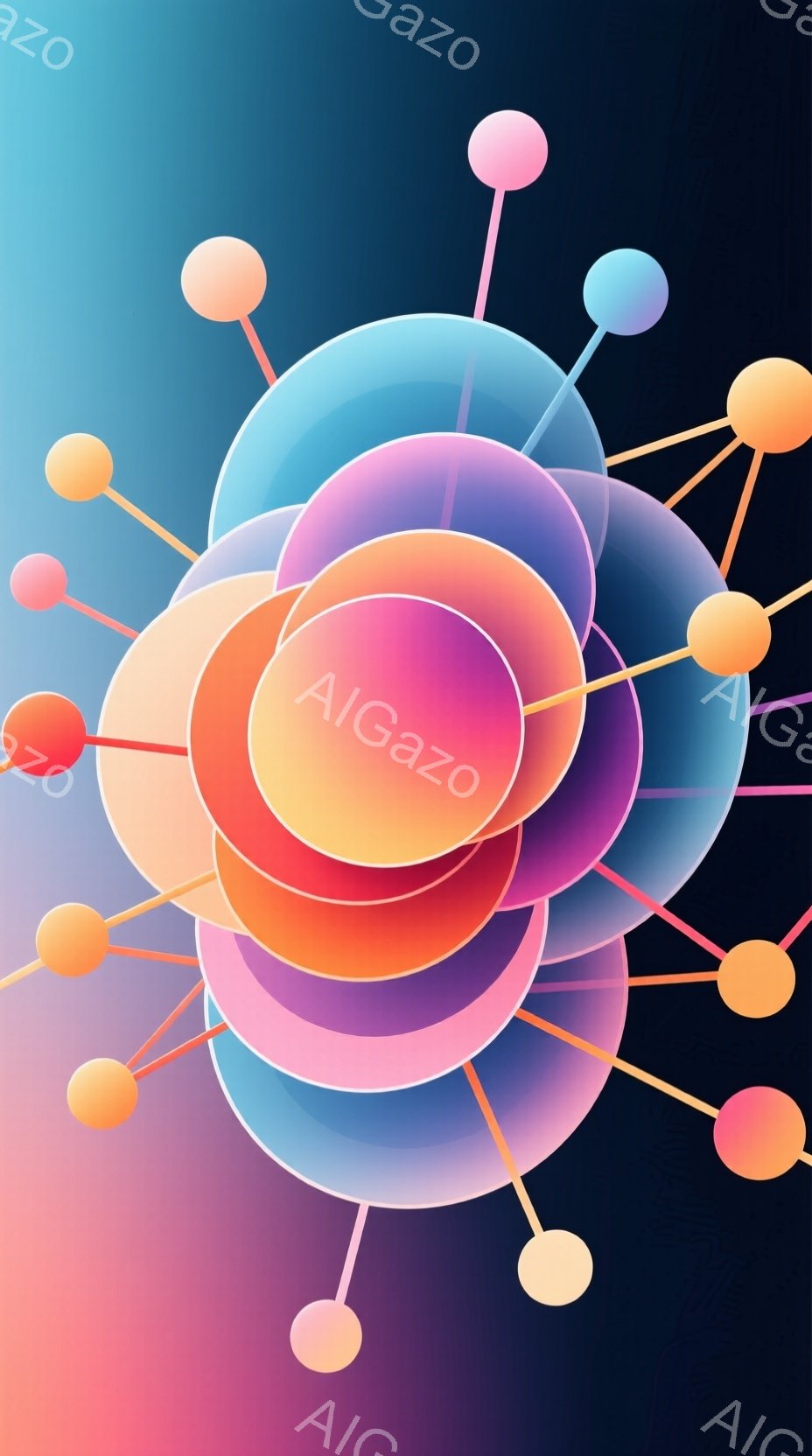 鮮やかな円形のレイヤーが重なり合い、まるで抽象的な花のような構成となっています。各円はオレンジ、ピンク、紫、水色といった色彩を持ち、放射状に伸びる細い線で繋がった小さな球体が周囲を取り囲んでいます。背 - AI生成フリー素材