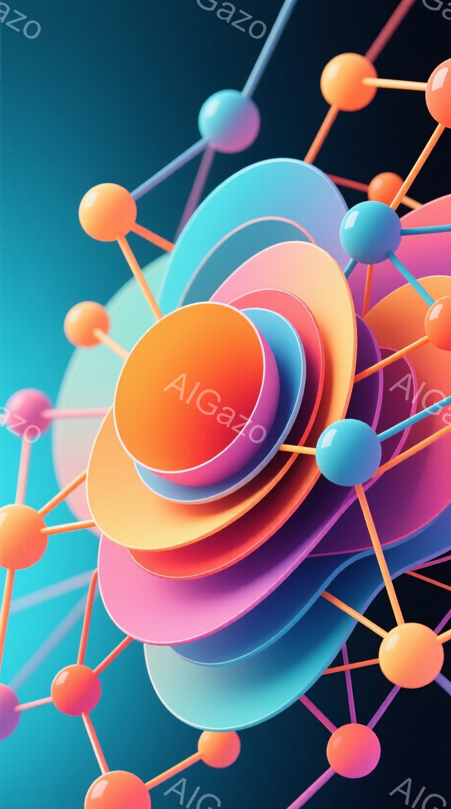 鮮やかな色彩の円盤が重なり合い、複雑な構造を形成している。オレンジ、ピンク、水色などの円盤は、光沢があり、立体的に見える。背景は濃い青色で、円盤を際立たせ、全体としてモダンで抽象的な雰囲気を作り出して - AI生成フリー素材