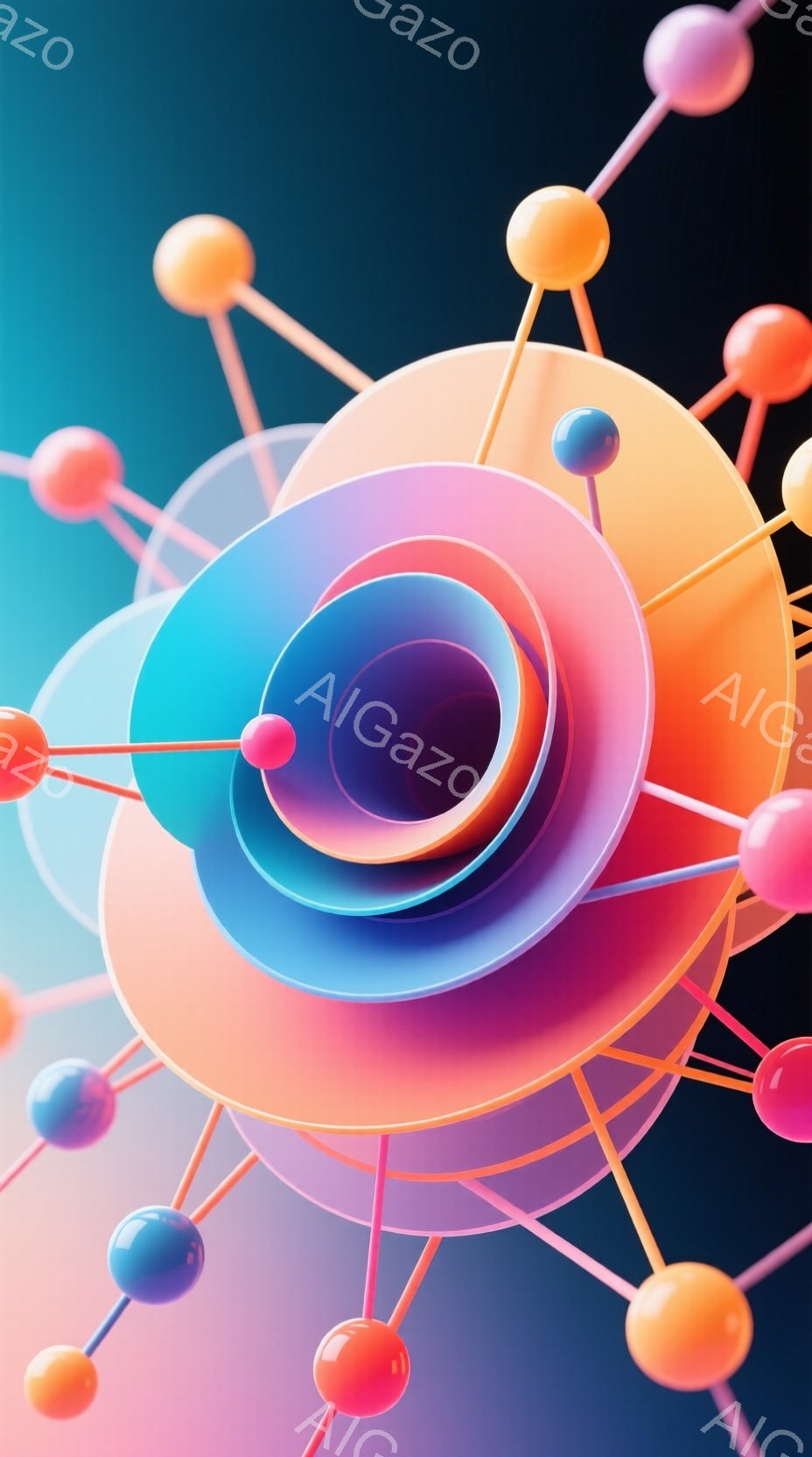 鮮やかな色彩の抽象的な構成が印象的な画像です。オレンジ、青、ピンク、紫などの円盤が重なり合い、放射状に線が伸びることで、まるで分子構造や宇宙空間のような奥行きが表現されています。全体的に滑らかで未来的な雰囲気があり、鮮やかさと流動性が特徴です。