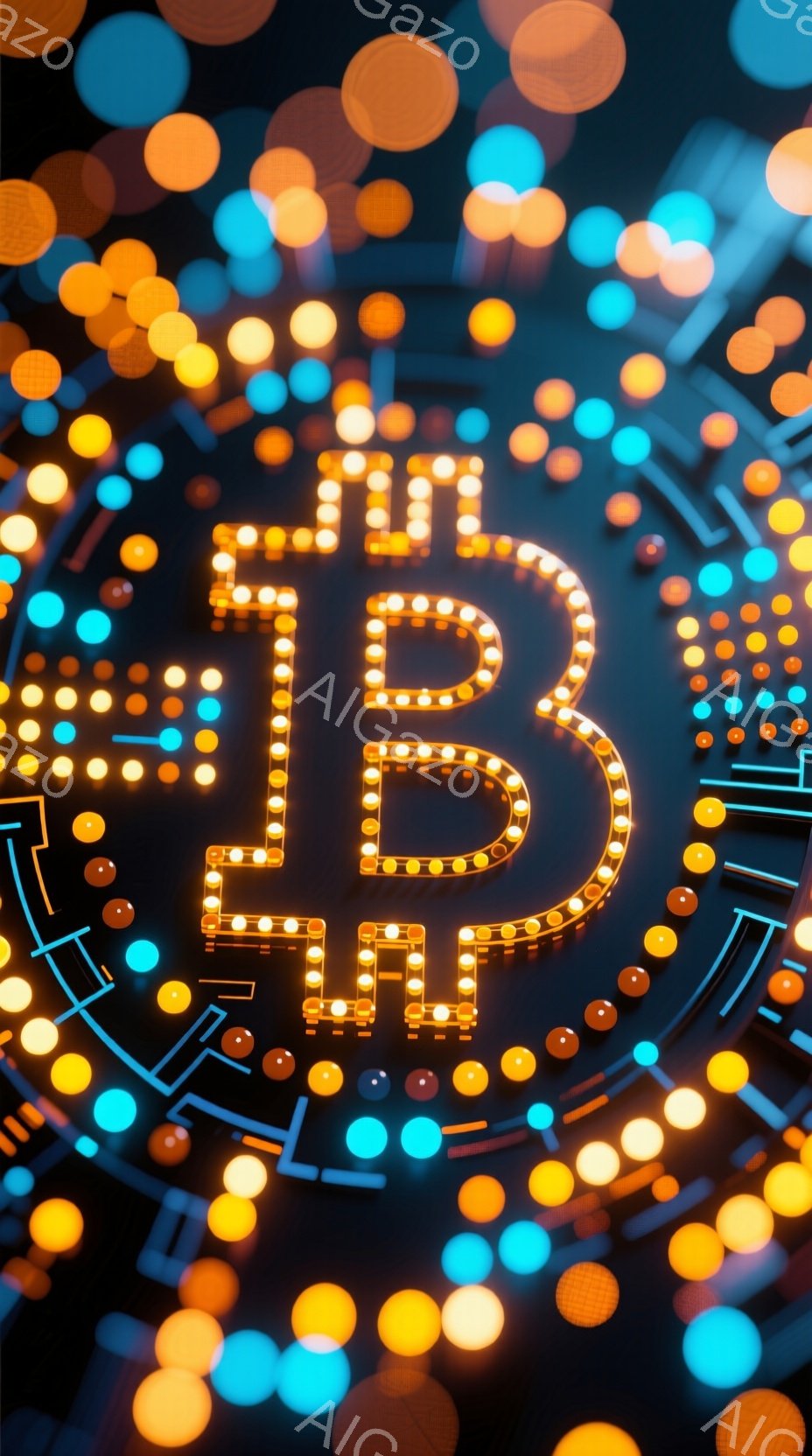 鮮やかなオレンジと青色の丸い光が背景を埋め尽くし、中央に大きな「B」の文字が光って浮かび上がっています。この「B」は無数の小さな光で構成されており、ネオンサインのような印象を与えます。全体的に、明るくモダンで、テクノロジーやデジタル通貨を連想させる雰囲気です。