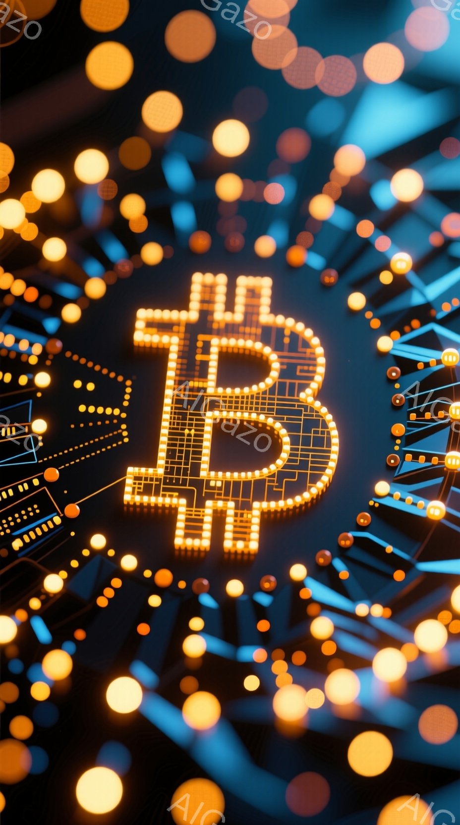 鮮やかなオレンジ色の光が散りばめられた背景に、ビットコインのロゴが電気回路のような光の線で構成されています。ロゴは、複雑なネットワークの結び目のように、多くの小さな光の球体と線で接続されており、未来的なテクノロジーと金融のイメージを喚起させます。全体的に、明るく活気のある雰囲気で、デジタル通貨の革新性と可能性を強調しています。