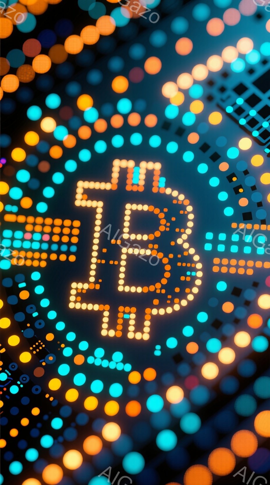 画像は、暗い背景に浮かぶビットコインのシンボルを表しています。シンボルは、オレンジと青色の小さな光の球体で構成されており、全体的に輝く印象を与えます。背景は、さまざまな色の光の球体が無数に散りばめられ - AI生成フリー素材