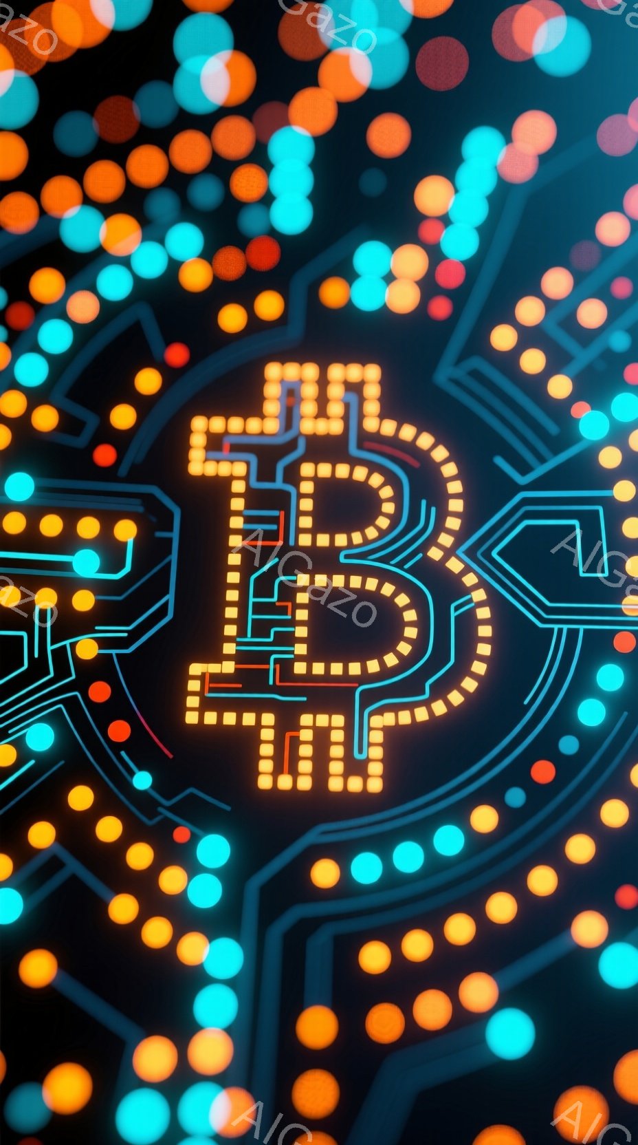 画像は暗い背景に、鮮やかなオレンジ色のビットコインのロゴが、複雑な配線のようなデザインで描かれています。ロゴの周りには、さまざまな明るさのオレンジと水色の光の粒子が散りばめられており、まるでデジタル空 - AI生成フリー素材