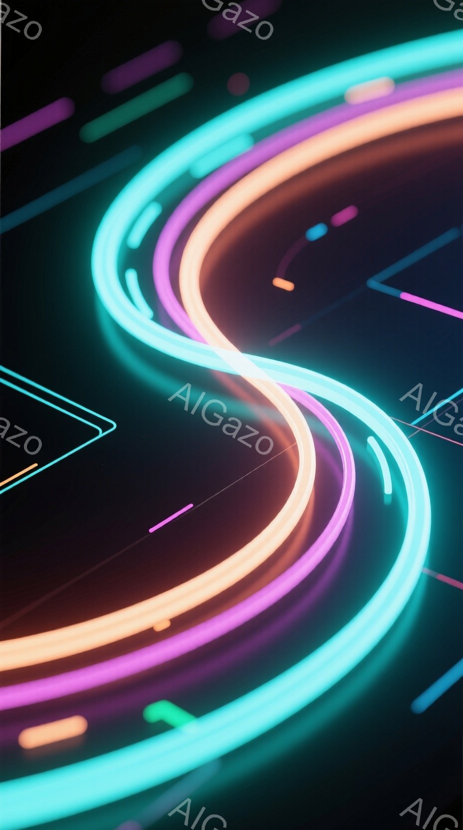 鮮やかなネオンカラーの線が、暗い背景の中で曲線を描いて交差している。ピンク、水色、オレンジといった色が使用されており、未来的な雰囲気やエネルギーを感じさせる抽象的な光の表現である。背景は漆黒であり、線 - AI生成フリー素材