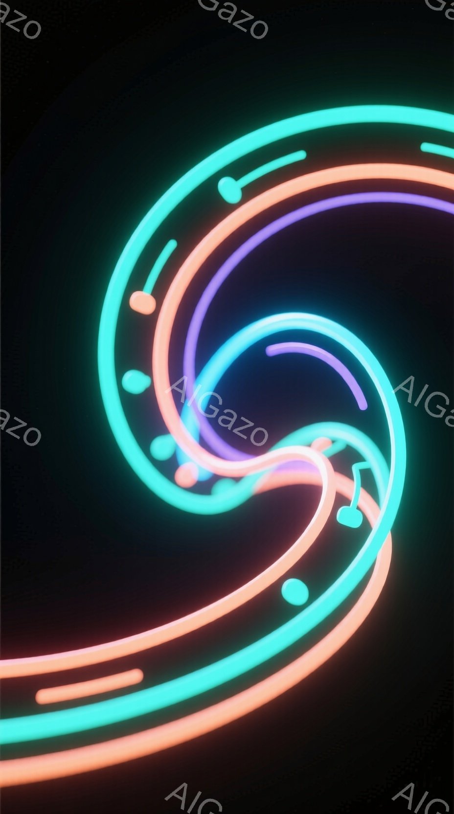 鮮やかなネオンライトが渦巻く抽象的な表現で、ターコイズブルー、ピンク、オレンジのラインが互いに絡み合って流れるような形を作している。暗い背景が光彩を際立たせ、未来的な雰囲気と流動的なエネルギーを感じさせる。光の軌跡はまるで音楽の音符のように、視覚的なリズムを生み出している。