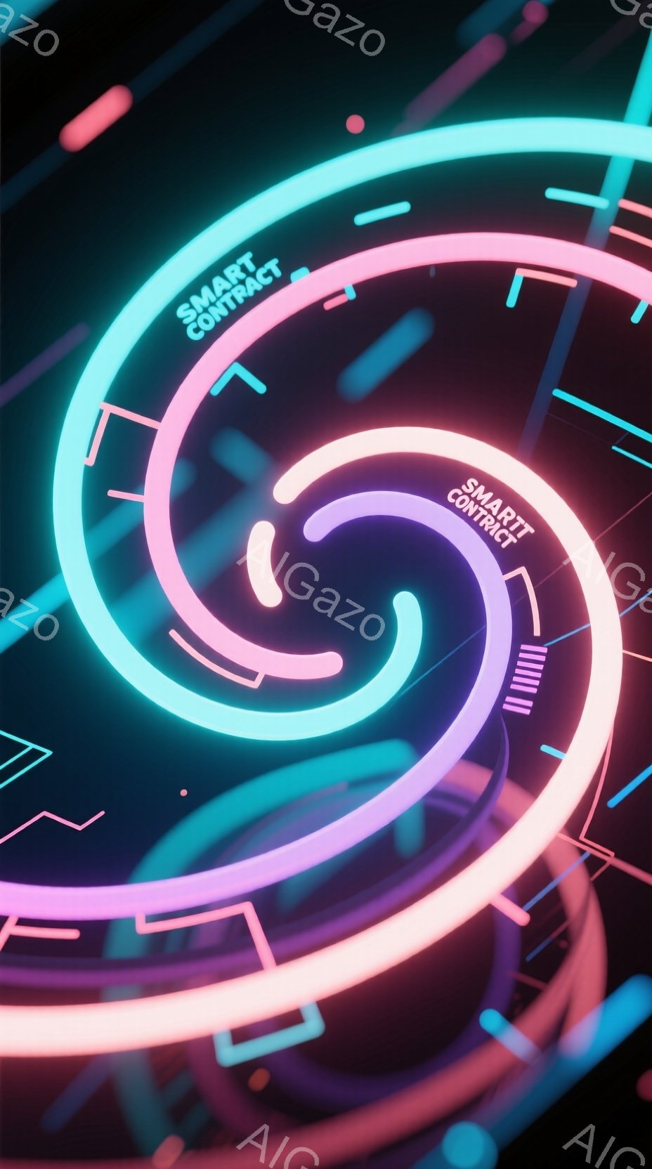 この画像は、渦巻くネオンカラーの光の線で構成された抽象的なデザインです。青とピンクの色調が中心に集まり、未来的な雰囲気を作り出しています。背景は暗く、光の線が際立つように工夫されています。 - AI生成フリー素材