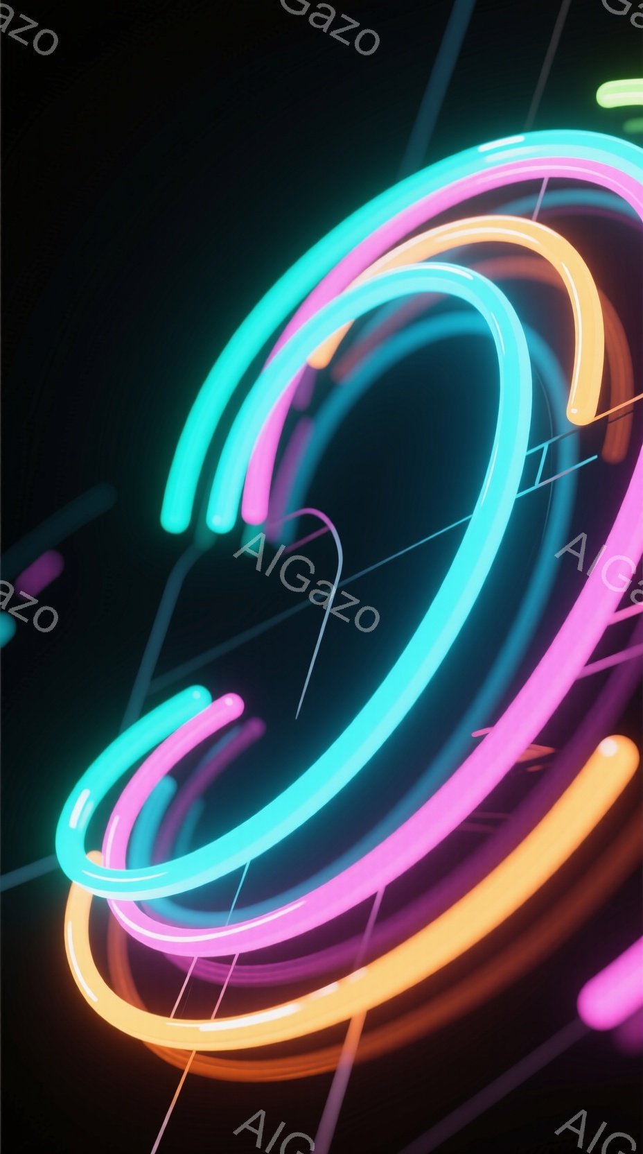 鮮やかなネオンカラーの光のリングが、暗い背景に幾重にも重なって螺旋状に広がっている。オレンジ、ピンク、ターコイズブルーといった色が混ざり合い、未来的なエネルギーと躍動感を演出している。背景は黒く、光の軌跡が際立っており、サイバーパンクやデジタルアートのような雰囲気を醸し出している。