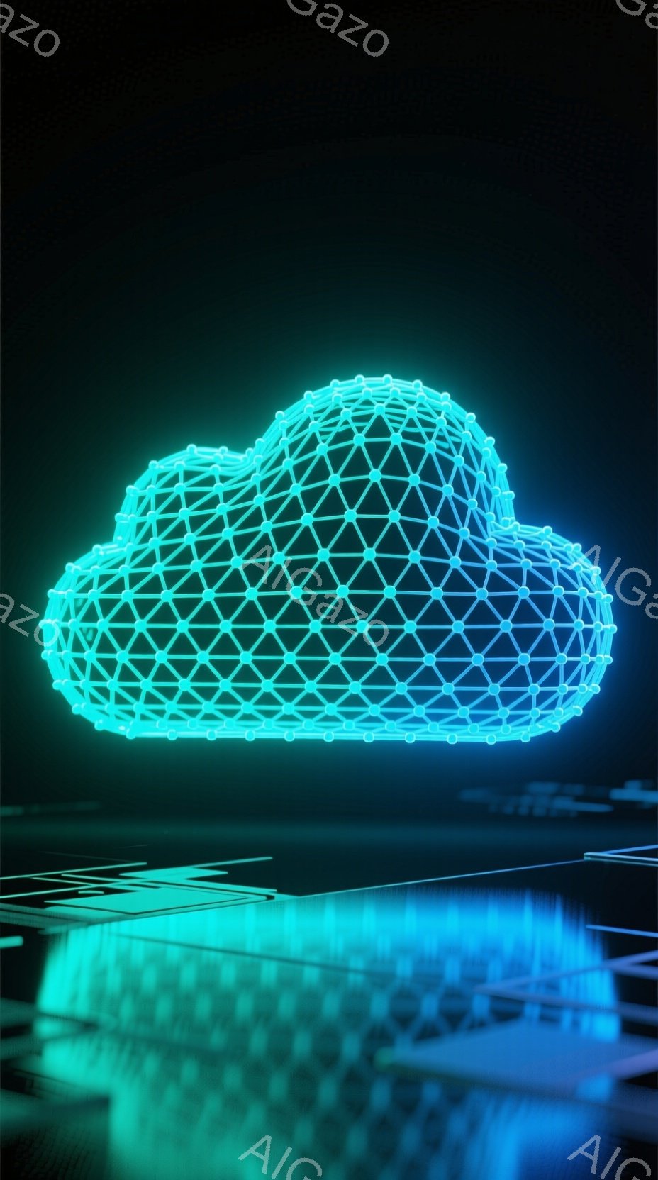 鮮やかな青色の発光するポリゴンで構成された雲が、暗い背景に浮かび上がっています。雲の下には、同じ青色の光る線が複雑に絡み合った地形のようなものが広がっており、未来的なデジタル空間を表現しているようです - AI生成フリー素材