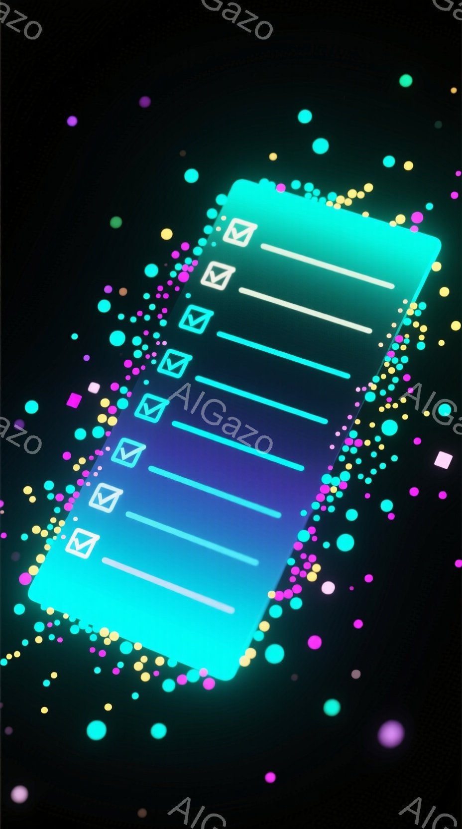 鮮やかなターコイズブルーの光る長方形が、暗い背景の中に浮かび上がっています。その周囲には、ピンク、紫、黄色の小さな光の粒子が星のように散りばめられ、幻想的な雰囲気を醸し出しています。 全体的に、未来的なテクノロジーやパーティーシーンを連想させる、ダイナミックでエネルギーに満ちたイメージです。