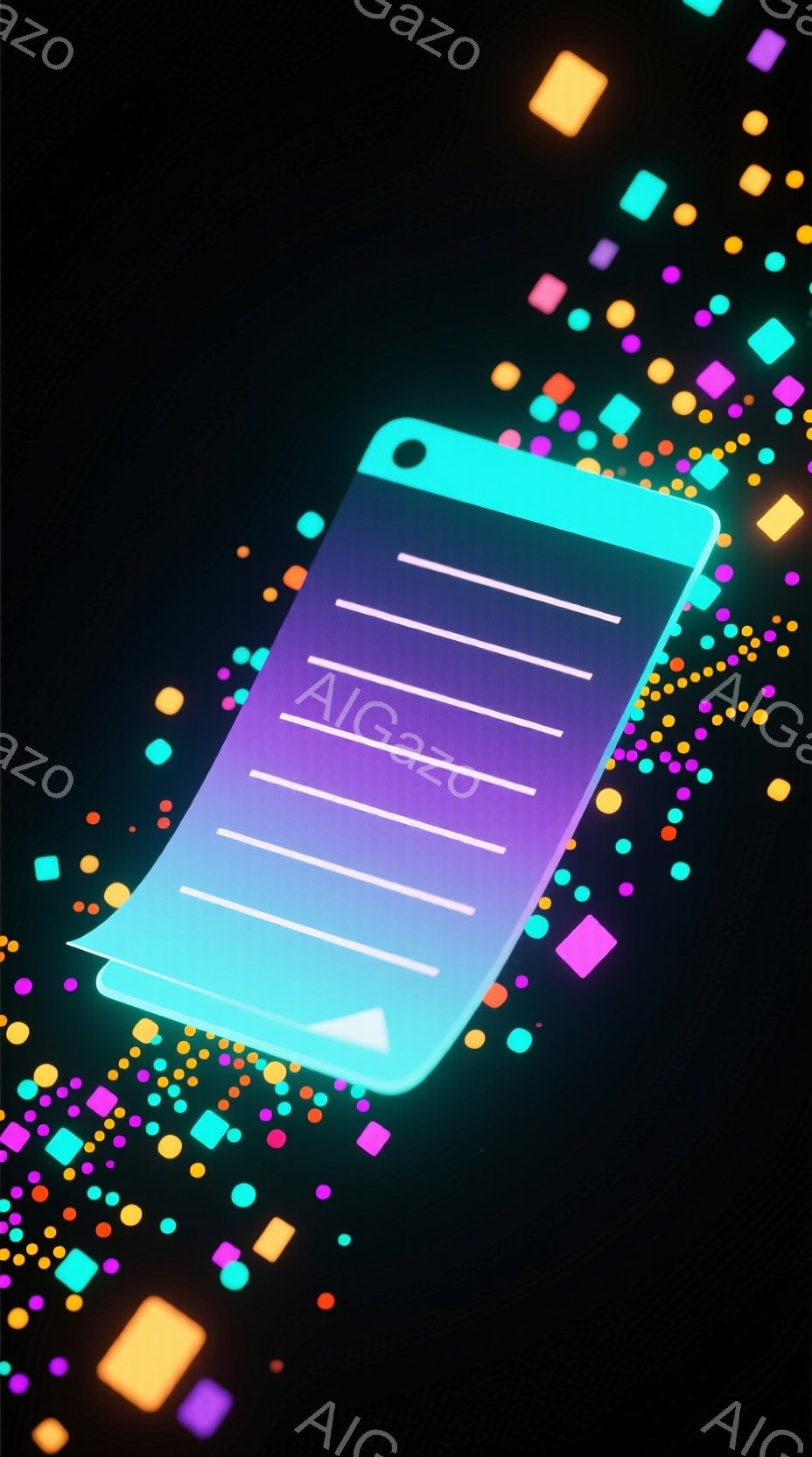 鮮やかな紫色から青色へのグラデーションがかったタブレットが、暗い背景に浮かび上がっています。周囲には、様々な色と大きさの小さな光る四角形が散りばめられ、動きのある印象を与えます。全体的に近未来的で、テ - AI生成フリー素材