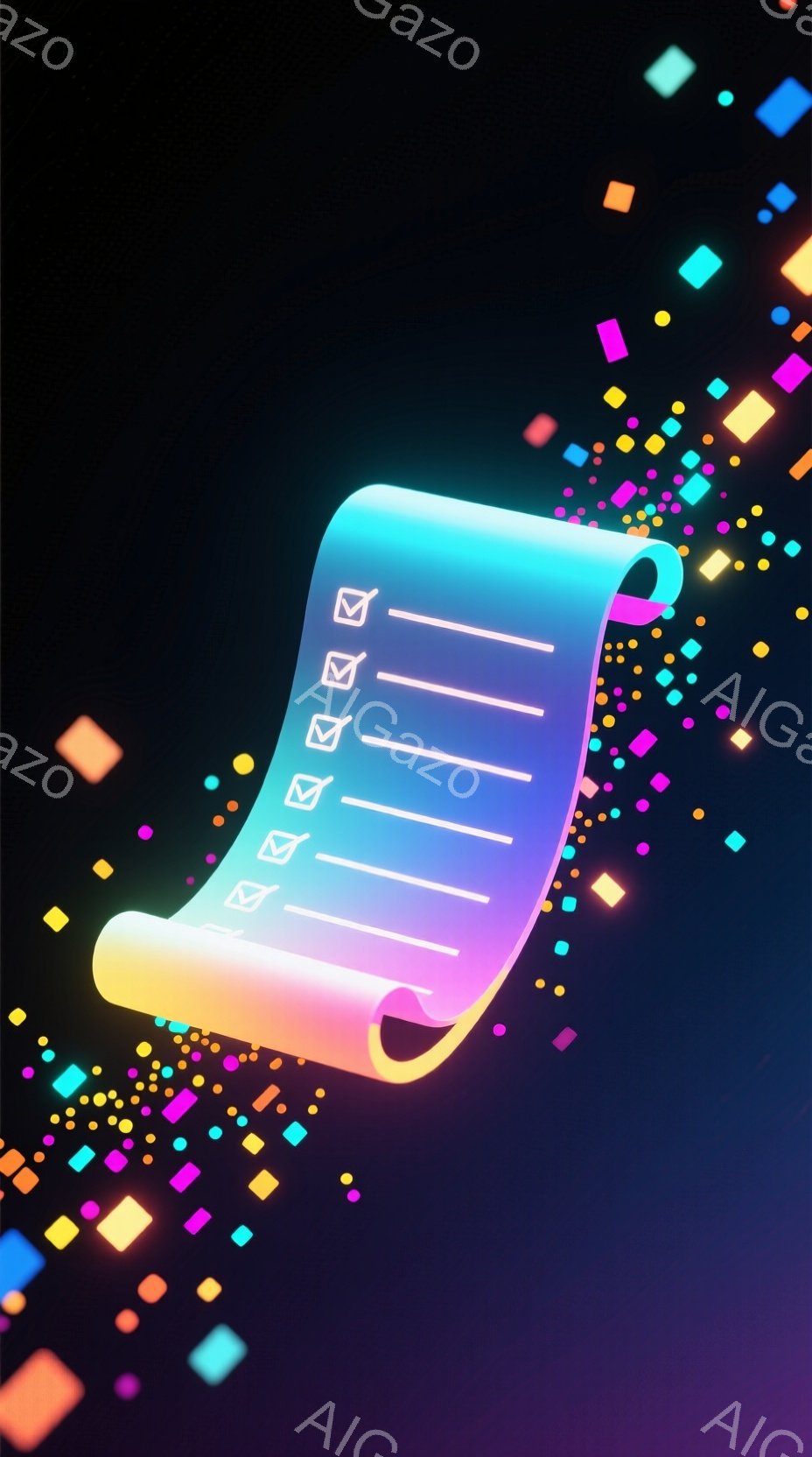 鮮やかなグラデーションの光るロール状の紙が、黒い背景に浮かんでいます。周囲には、さまざまな色とサイズの光る四角形が散りばめられ、幻想的な雰囲気を醸し出しています。紙自体は、白から青、紫へと滑らかに色が - AI生成フリー素材