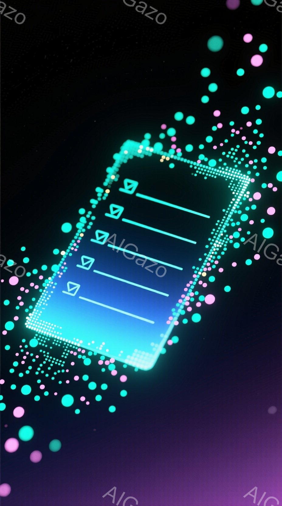 鮮やかなネオンカラーの粒子が散りばめられた暗い背景に、光る四角形のフレームが浮かび上がっています。フレームの中は水色で、その周囲を明るい緑色の光が囲み、まるでデジタルな窓のような印象を与えます。全体的に未来的な雰囲気で、テクノロジーとアートが融合したような視覚効果を生み出しています。